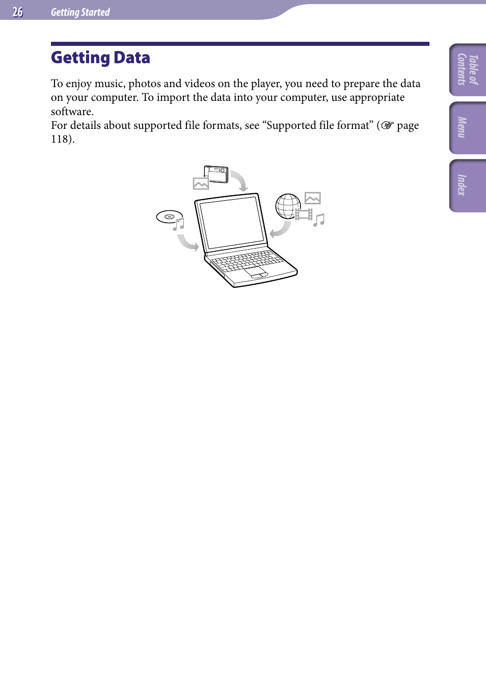 Getting data | Sony NWZ-E436FBLK User Manual | Page 26 / 126