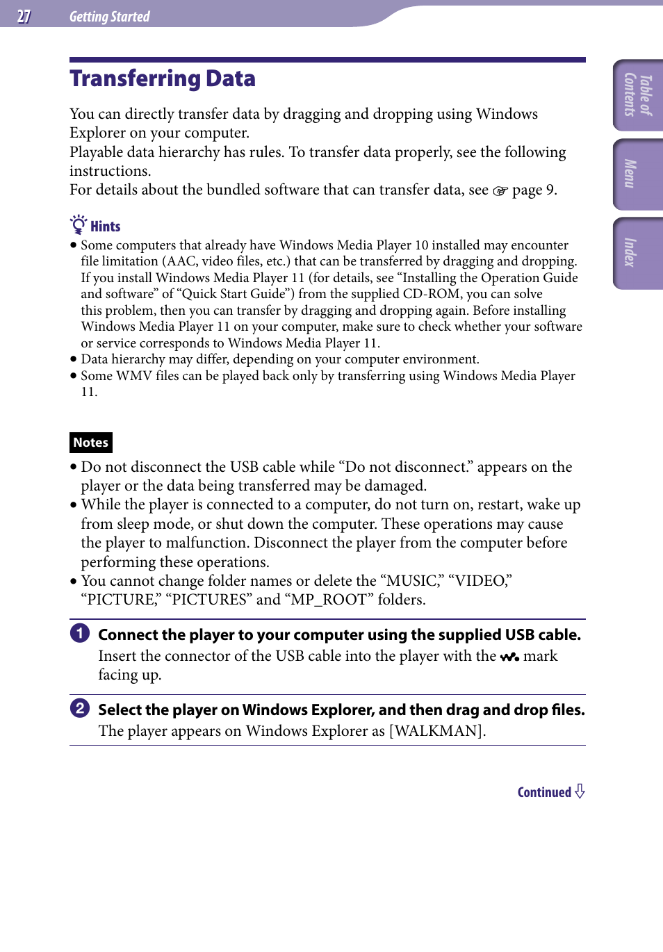 Transferring data | Sony NWZ-E436FBLK User Manual | Page 27 / 126