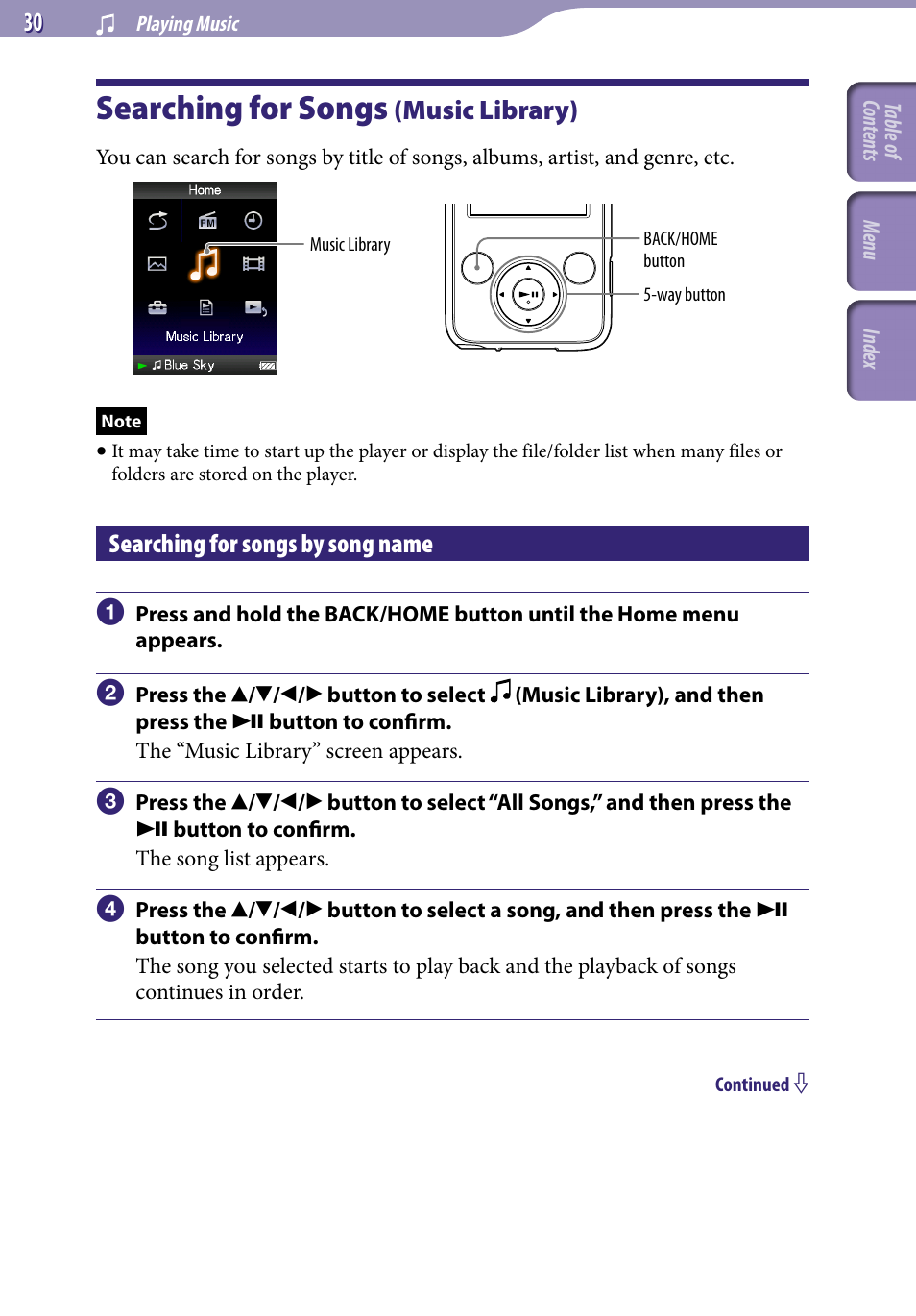 Playing music, Searching for songs (music library), Searching for songs by song name | Searching for songs, Music library), All songs | Sony NWZ-E436FBLK User Manual | Page 30 / 126