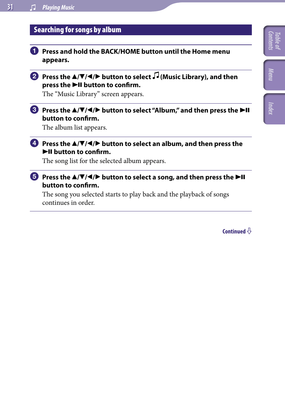 Searching for songs by album, Album | Sony NWZ-E436FBLK User Manual | Page 31 / 126