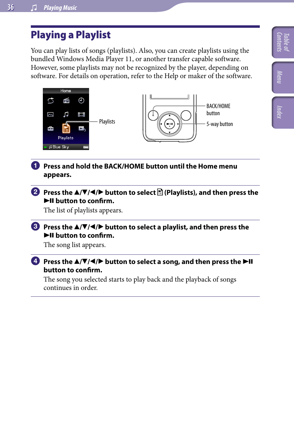 Playing a playlist, Playlists | Sony NWZ-E436FBLK User Manual | Page 36 / 126