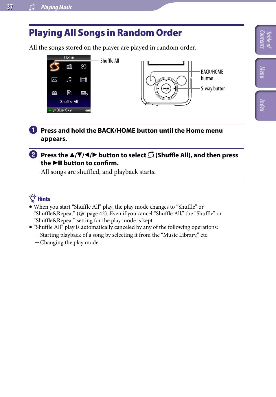 Playing all songs in random order, Shuffle all | Sony NWZ-E436FBLK User Manual | Page 37 / 126