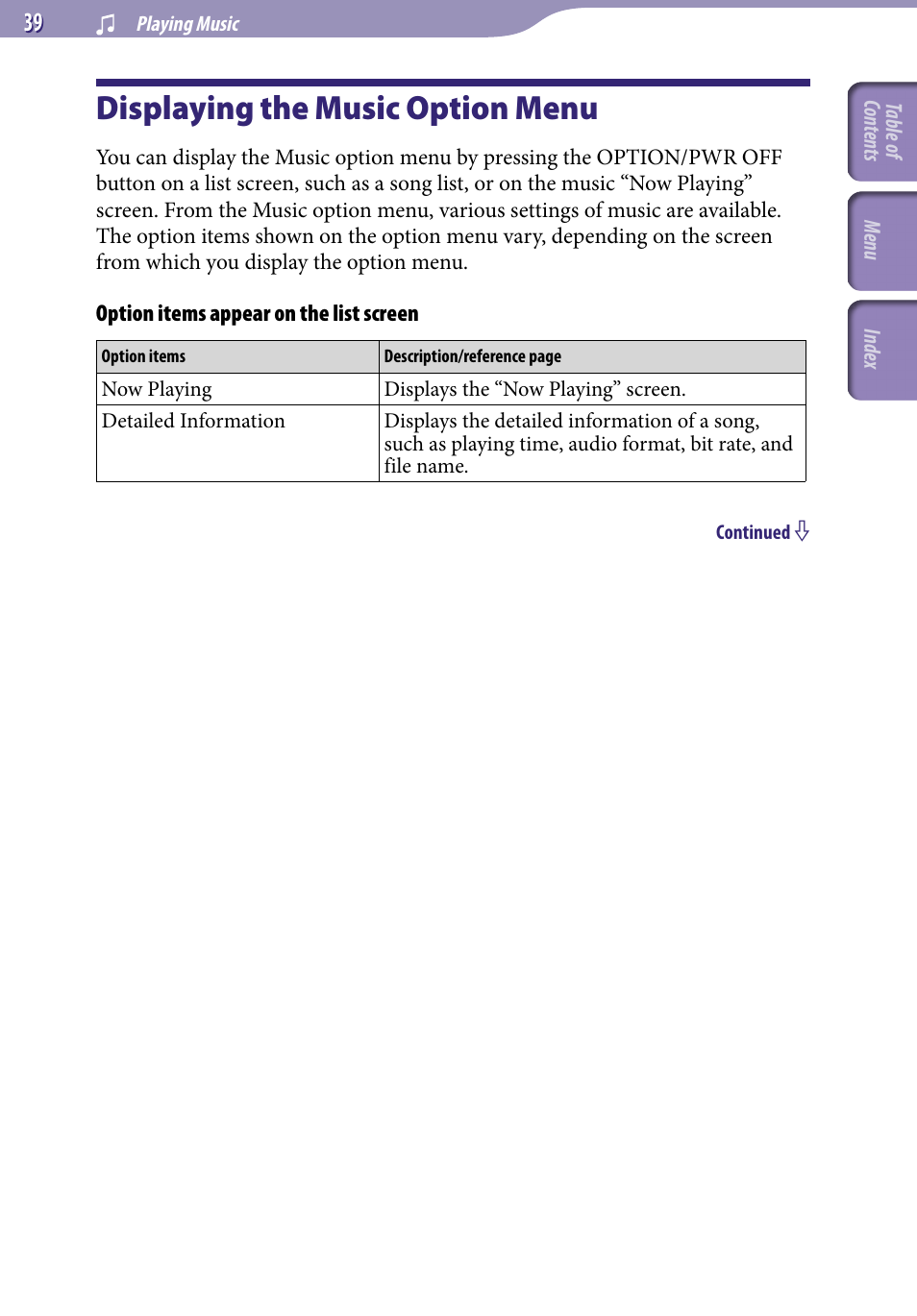 Displaying the music option menu | Sony NWZ-E436FBLK User Manual | Page 39 / 126