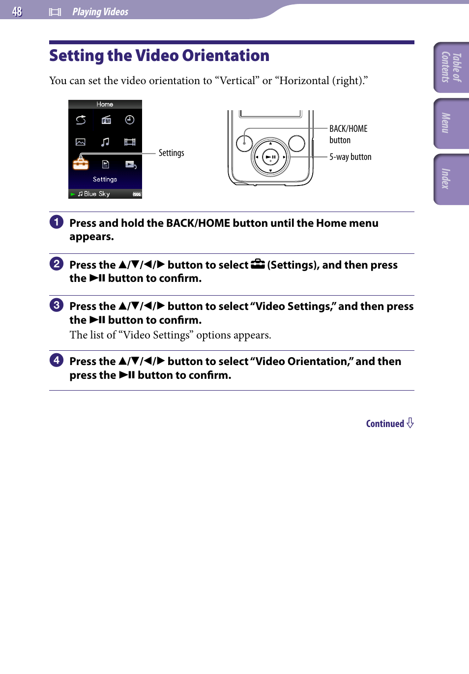 Setting the video orientation, Video orientation | Sony NWZ-E436FBLK User Manual | Page 48 / 126