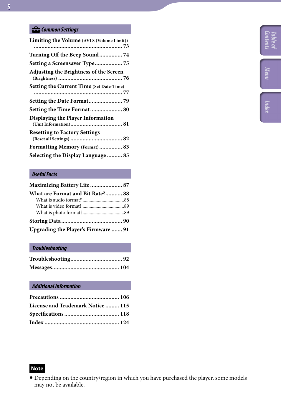 Table of cont ents men u inde x | Sony NWZ-E436FBLK User Manual | Page 5 / 126