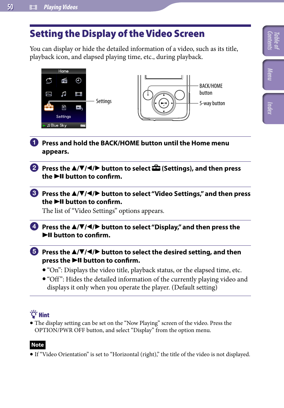 Setting the display of the video screen, Display | Sony NWZ-E436FBLK User Manual | Page 50 / 126