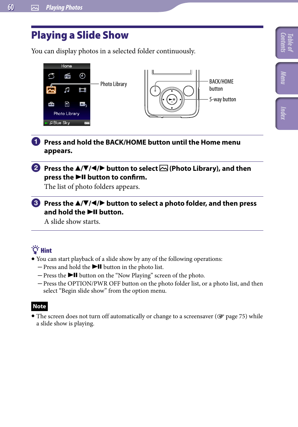 Playing a slide show | Sony NWZ-E436FBLK User Manual | Page 60 / 126