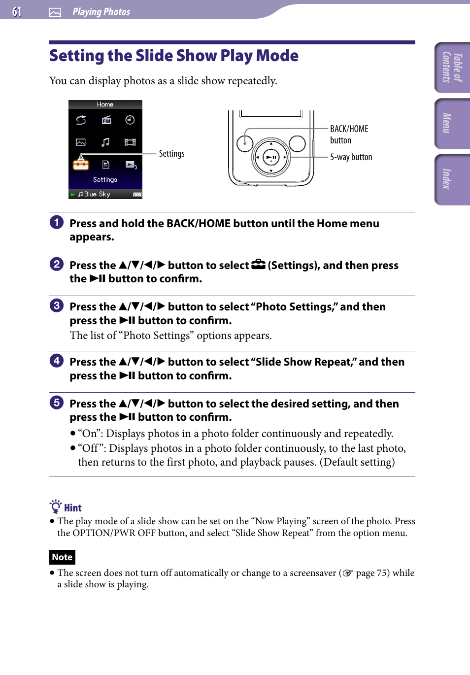 Setting the slide show play mode, Slide show repeat | Sony NWZ-E436FBLK User Manual | Page 61 / 126