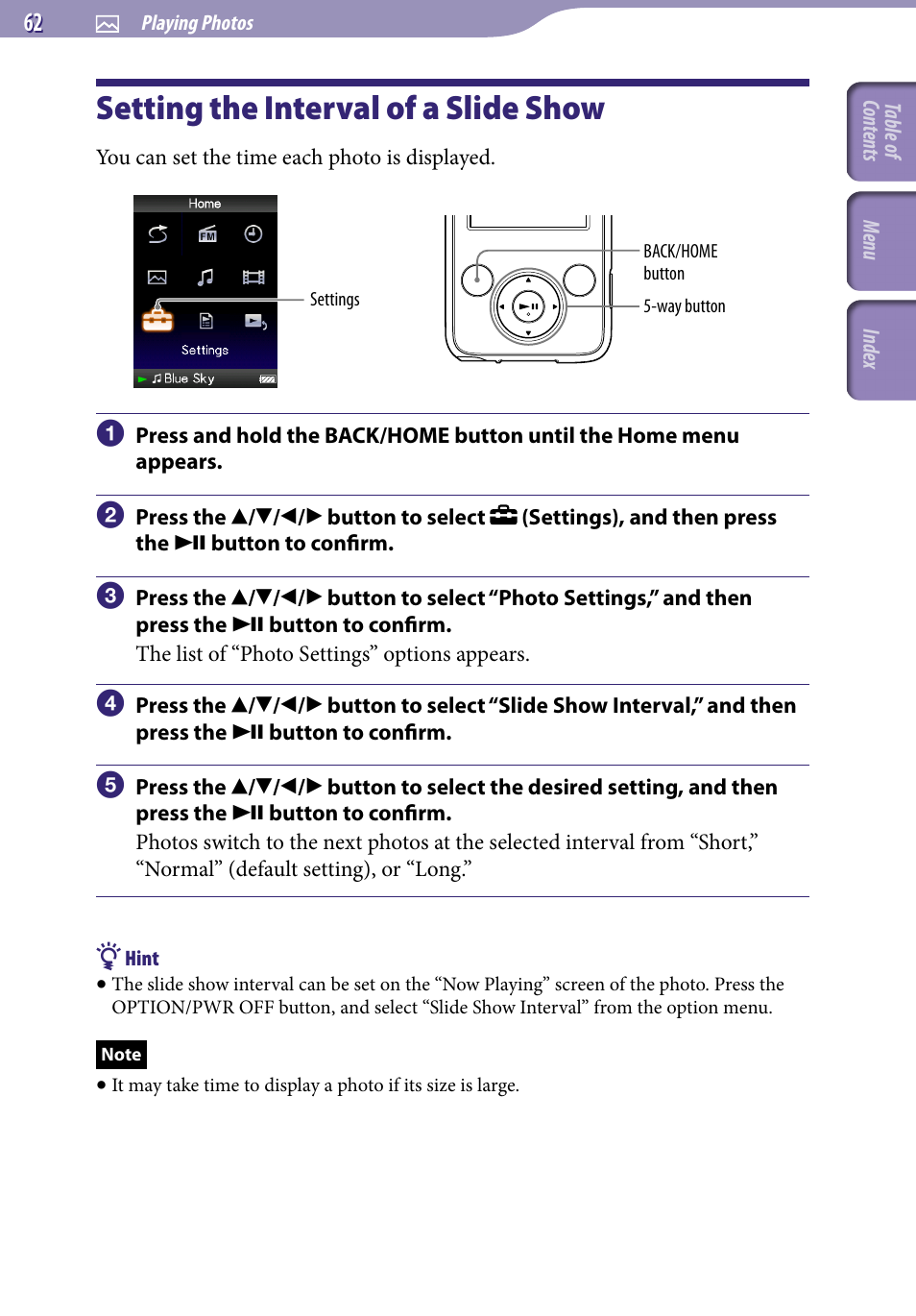 Setting the interval of a slide show, Slide show interval | Sony NWZ-E436FBLK User Manual | Page 62 / 126