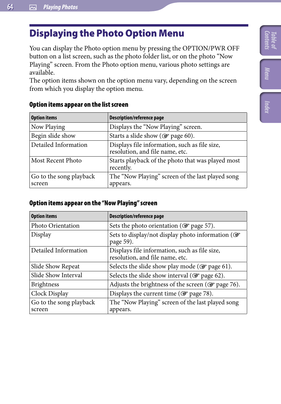 Displaying the photo option menu | Sony NWZ-E436FBLK User Manual | Page 64 / 126