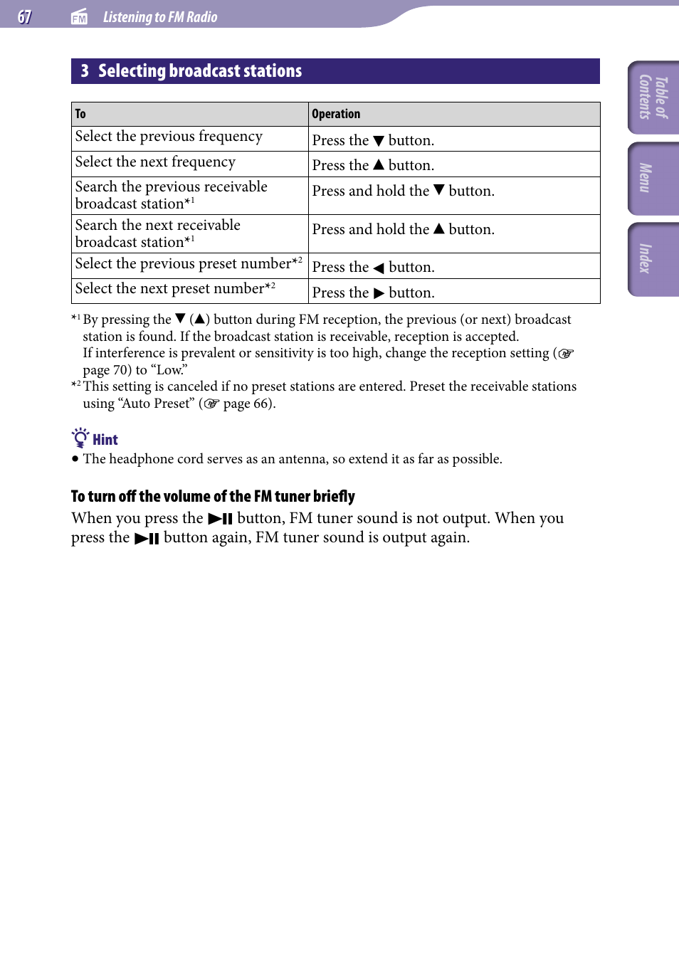 3 selecting broadcast stations | Sony NWZ-E436FBLK User Manual | Page 67 / 126