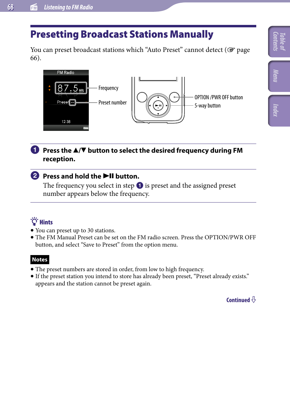 Presetting broadcast stations manually | Sony NWZ-E436FBLK User Manual | Page 68 / 126
