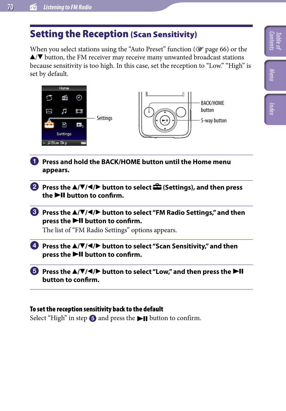 Setting the reception (scan sensitivity), Setting the reception, Scan sensitivity) | Scan sensitivity | Sony NWZ-E436FBLK User Manual | Page 70 / 126