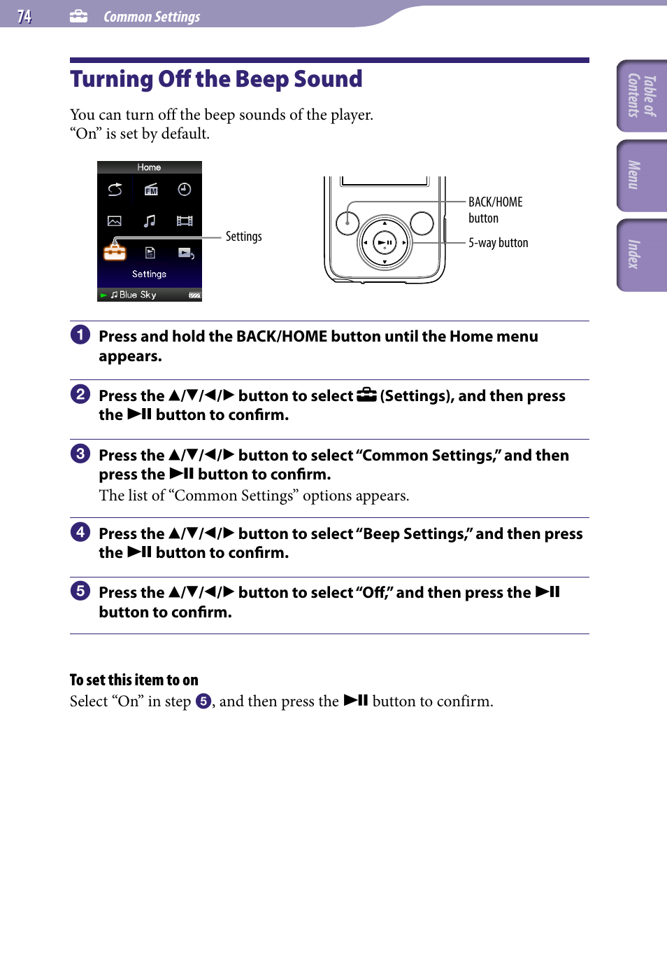 Turning off the beep sound, Beep settings | Sony NWZ-E436FBLK User Manual | Page 74 / 126