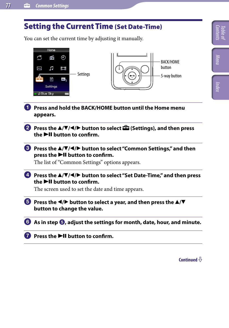 Setting the current time (set date-time), Setting the current time, Set date-time) | Set date-time | Sony NWZ-E436FBLK User Manual | Page 77 / 126