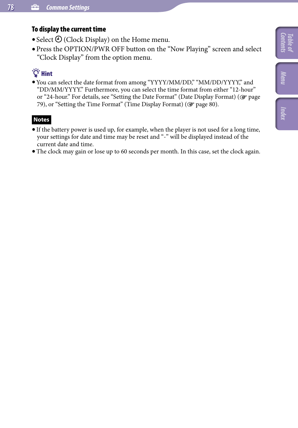 Clock display | Sony NWZ-E436FBLK User Manual | Page 78 / 126