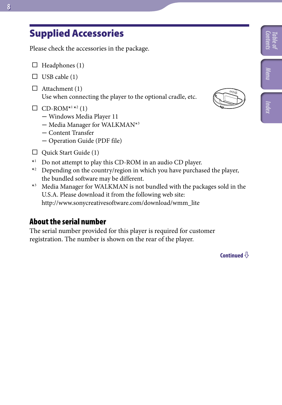 Supplied accessories, About the serial number | Sony NWZ-E436FBLK User Manual | Page 8 / 126