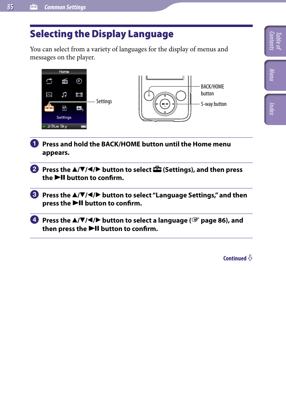 Selecting the display language, Language settings | Sony NWZ-E436FBLK User Manual | Page 85 / 126