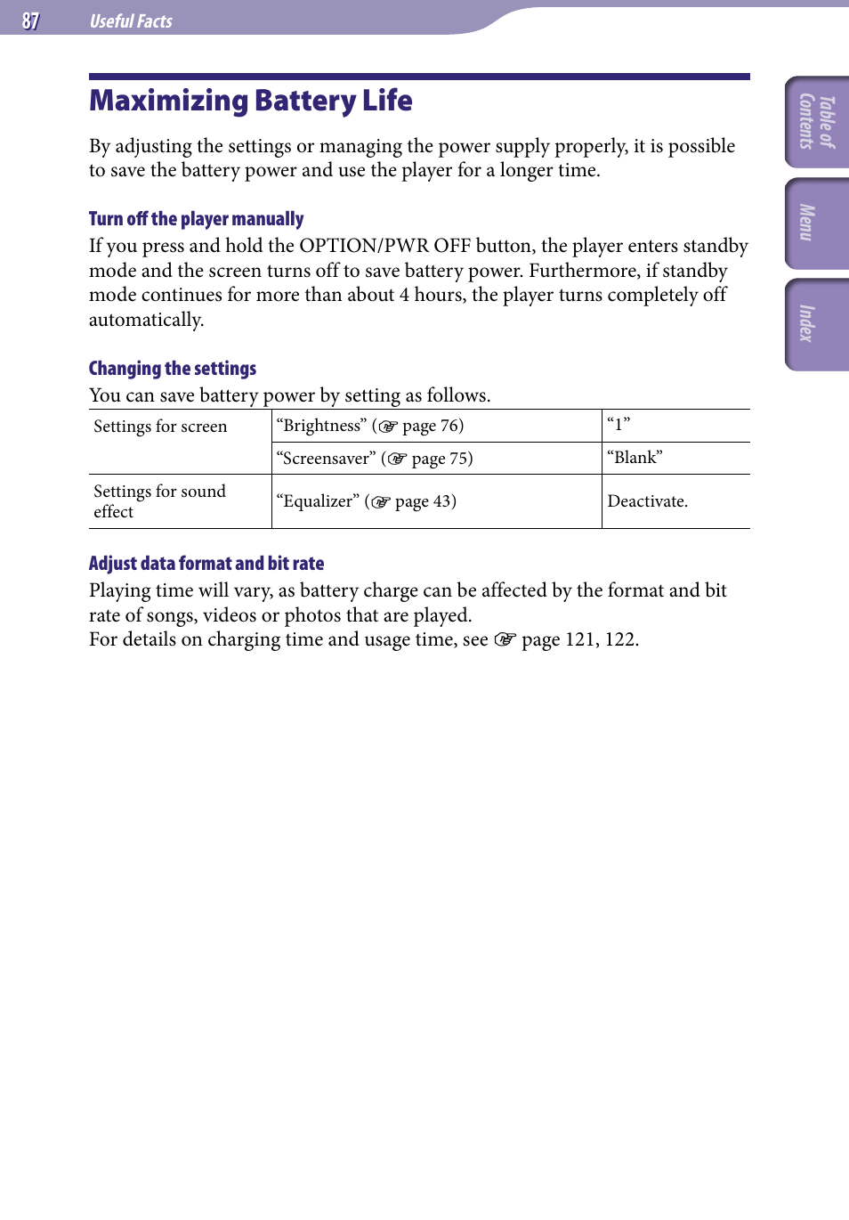 Useful facts, Maximizing battery life | Sony NWZ-E436FBLK User Manual | Page 87 / 126