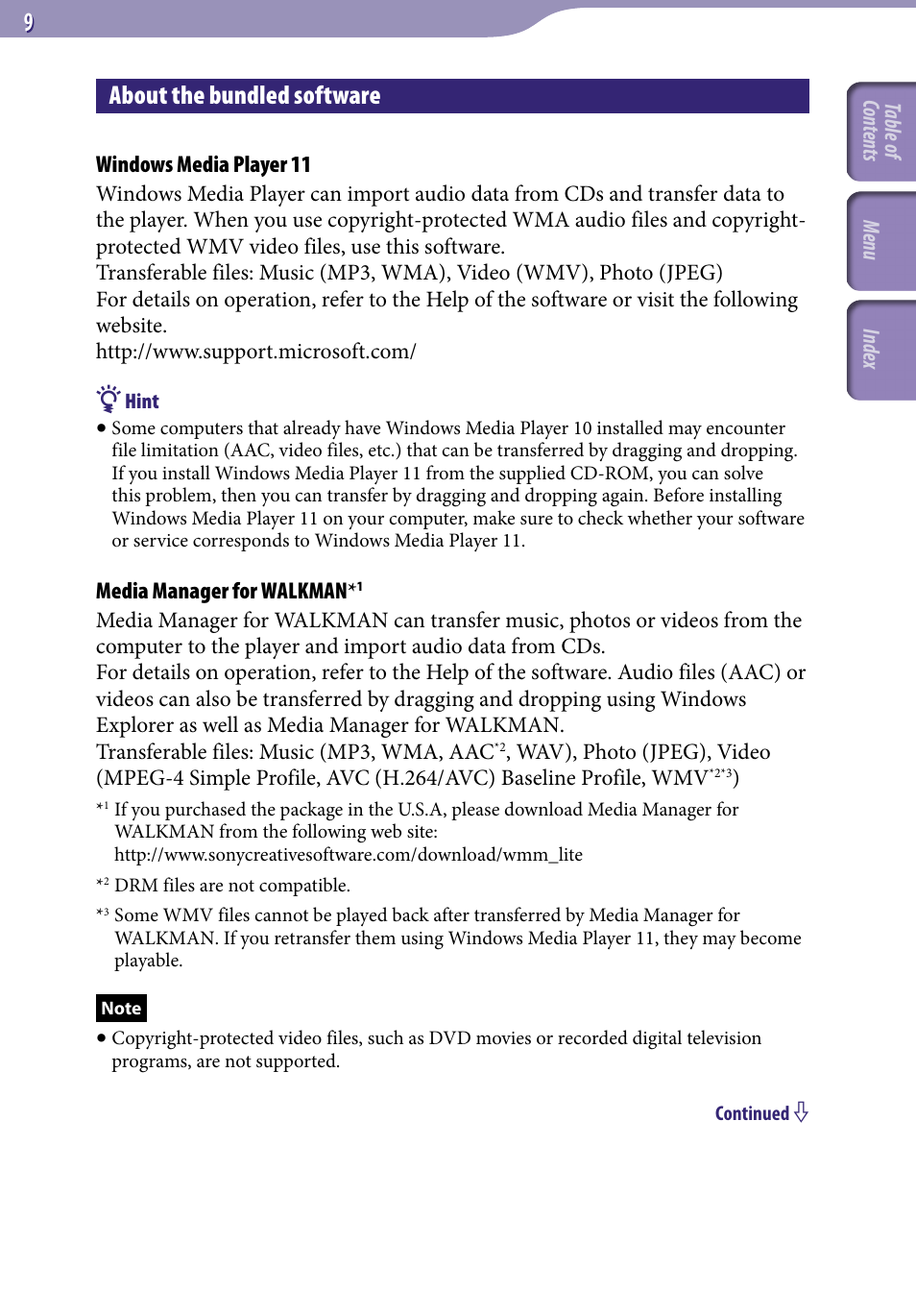 About the bundled software | Sony NWZ-E436FBLK User Manual | Page 9 / 126