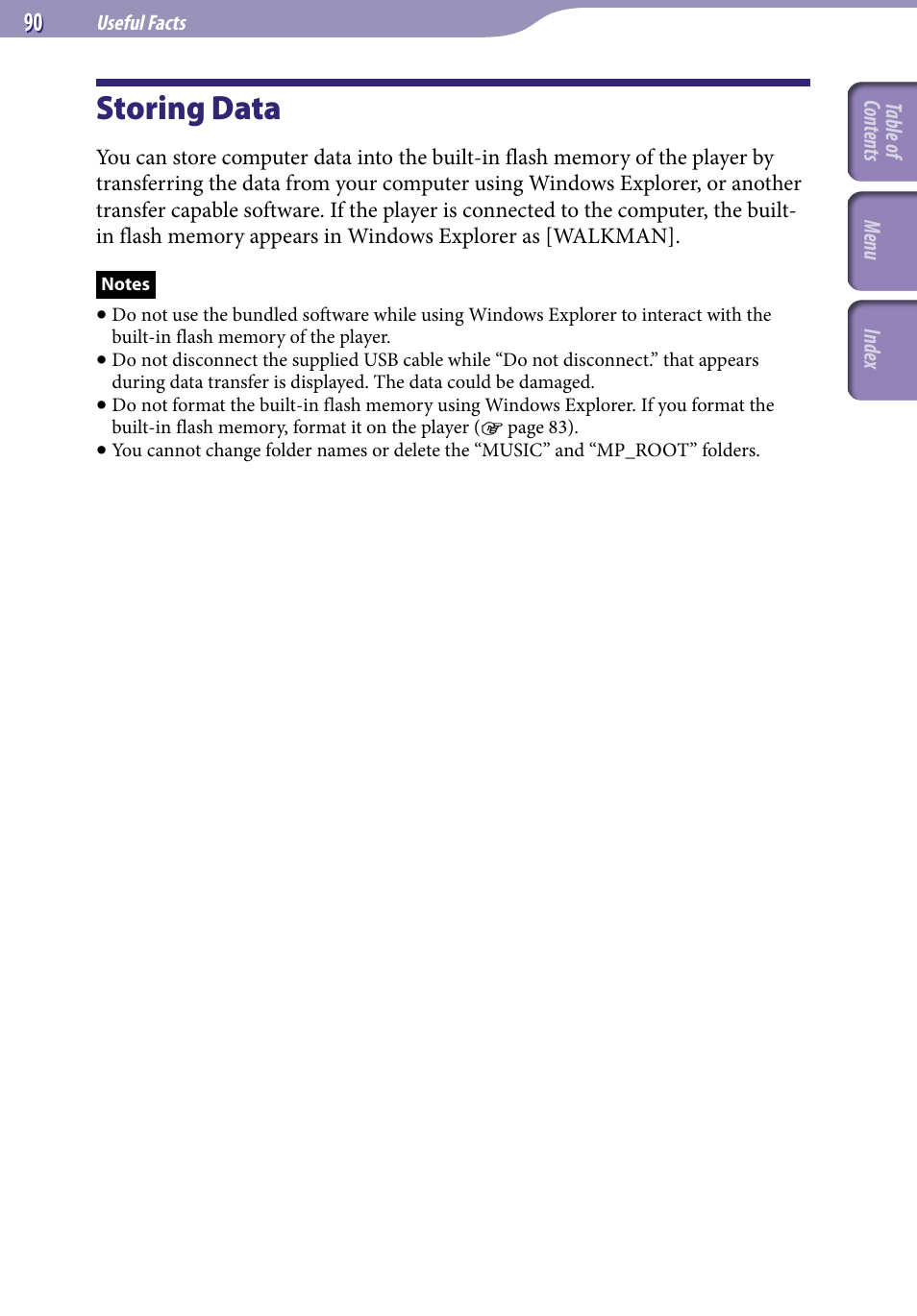 Storing data | Sony NWZ-E436FBLK User Manual | Page 90 / 126