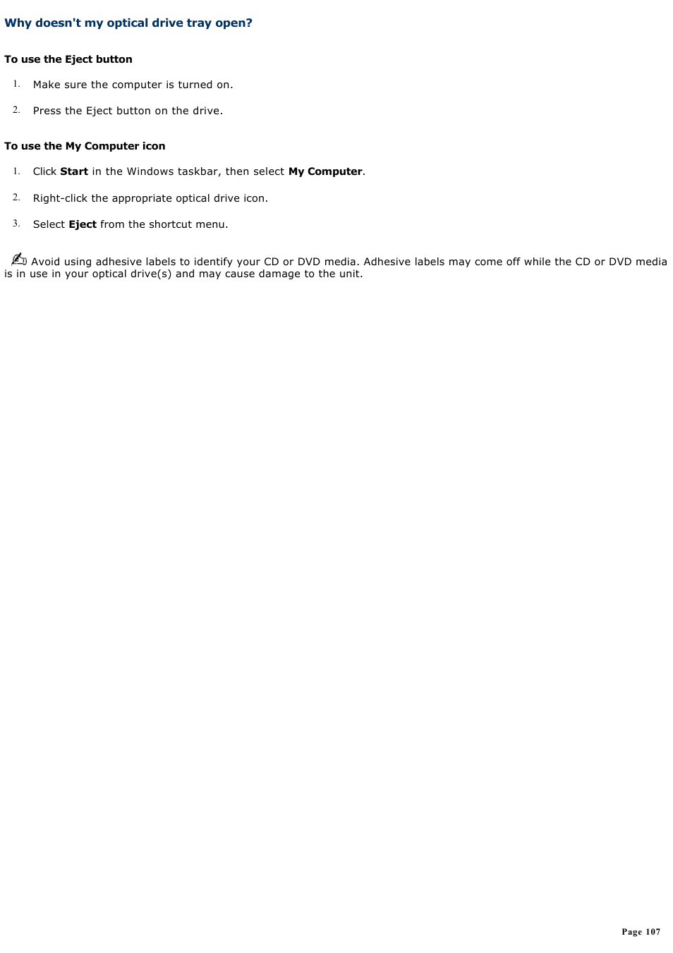 Why doesn't my optical drive tray open | Sony PCV-RS431 User Manual | Page 107 / 146