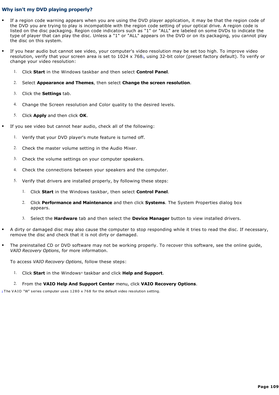 Why isn't my dvd playing properly | Sony PCV-RS431 User Manual | Page 109 / 146