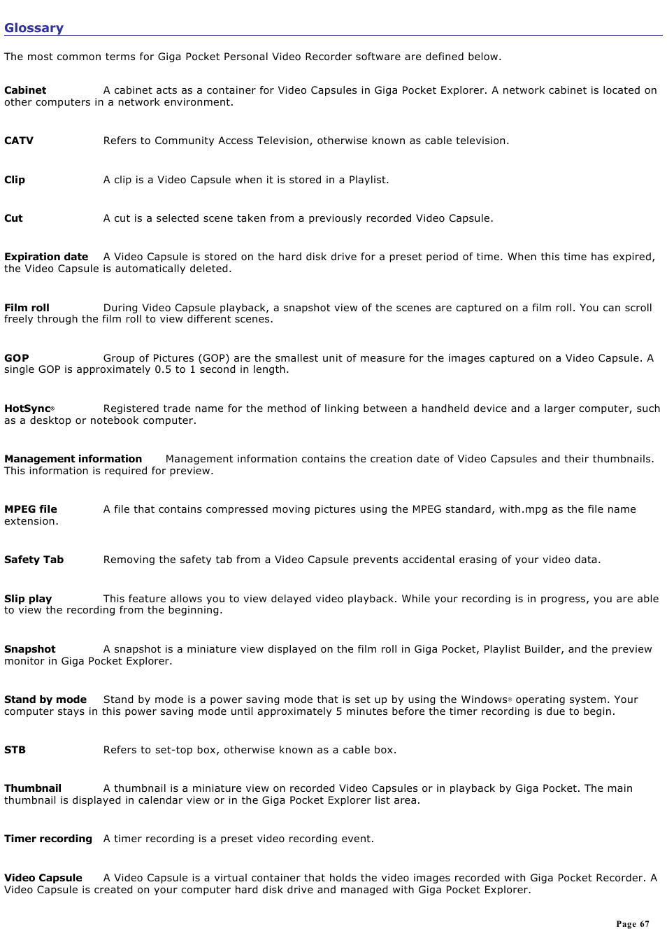 Glossary | Sony PCV-RS431 User Manual | Page 67 / 146