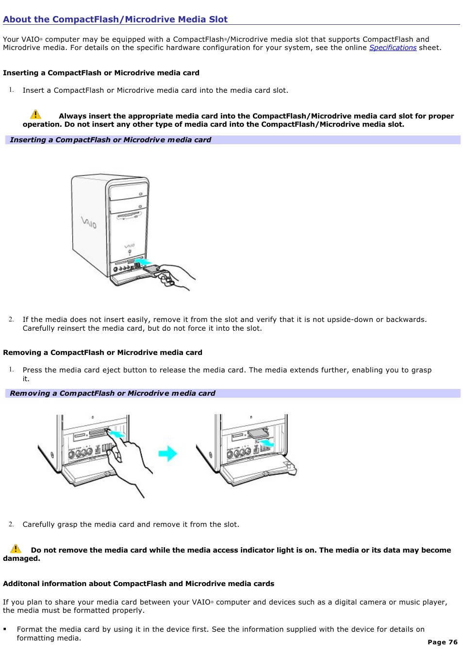 About the compactflash/microdrive media slot | Sony PCV-RS431 User Manual | Page 76 / 146