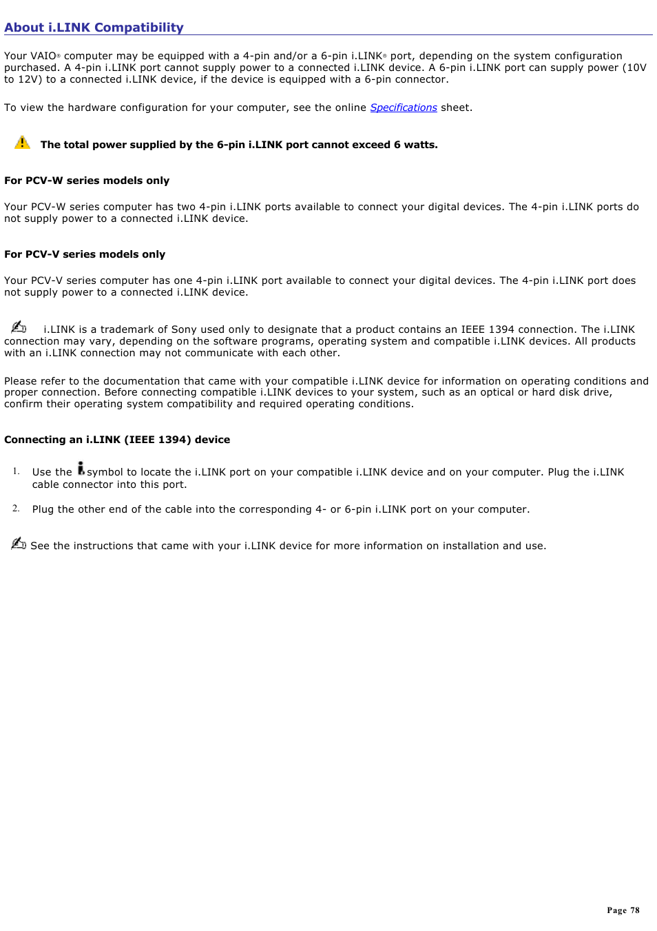 About i.link compatibility | Sony PCV-RS431 User Manual | Page 78 / 146