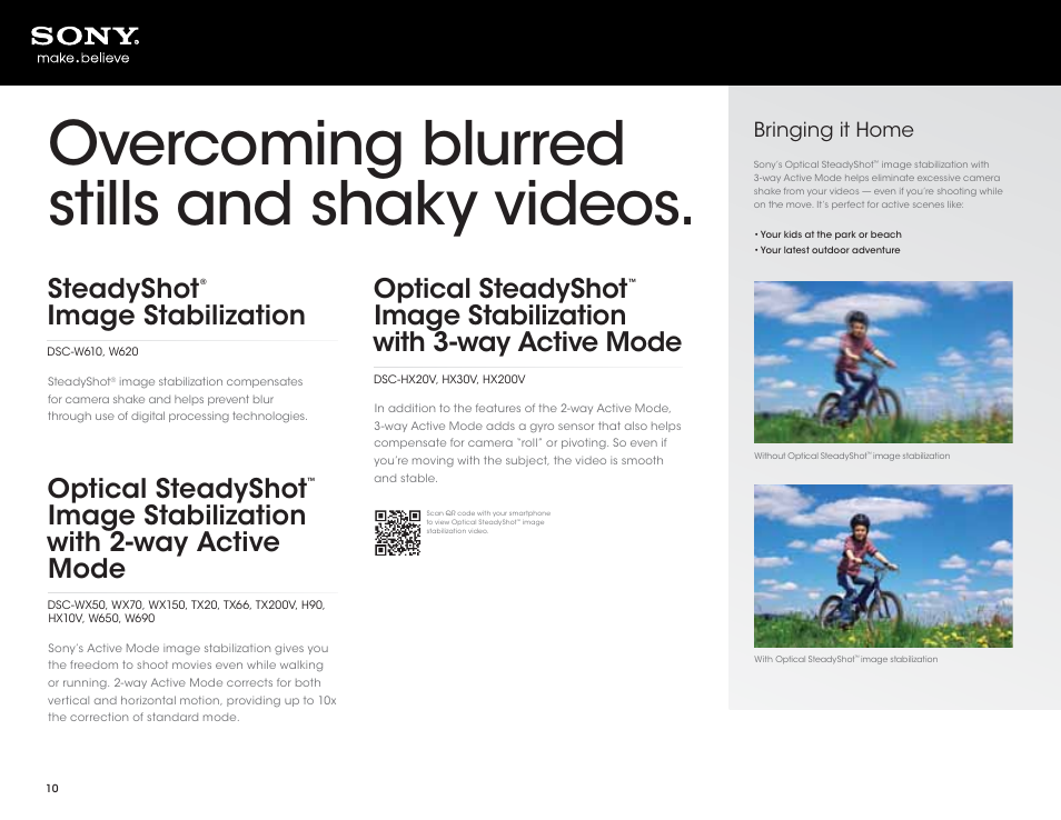 Overcoming blurred stills and shaky videos, Steadyshot, Image stabilization | Optical steadyshot, Image stabilization with 2-way active mode, Image stabilization with 3-way active mode, Bringing it home | Sony DSC-HX200V User Manual | Page 10 / 73