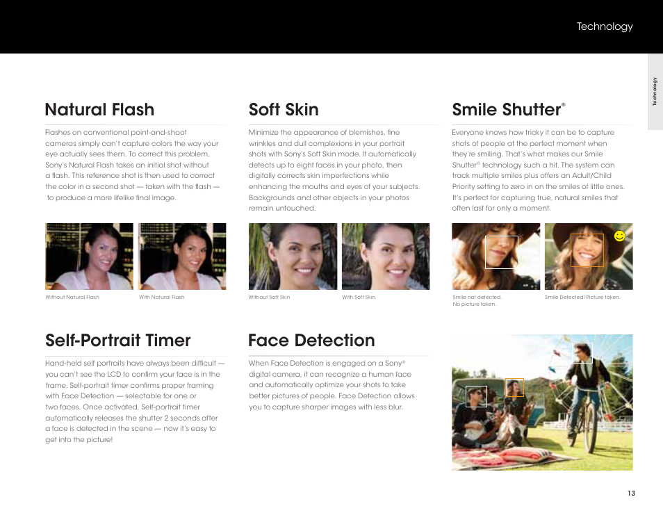 Natural flash, Soft skin, Smile shutter | Face detection, Self-portrait timer | Sony DSC-HX200V User Manual | Page 13 / 73