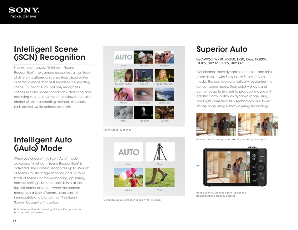 Auto, Intelligent scene (iscn) recognition, Intelligent auto (iauto) mode | Superior auto | Sony DSC-HX200V User Manual | Page 14 / 73