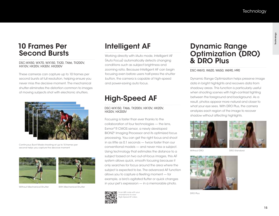 10 frames per second bursts, Intelligent af, Dynamic range optimization (dro) & dro plus | High-speed af | Sony DSC-HX200V User Manual | Page 15 / 73