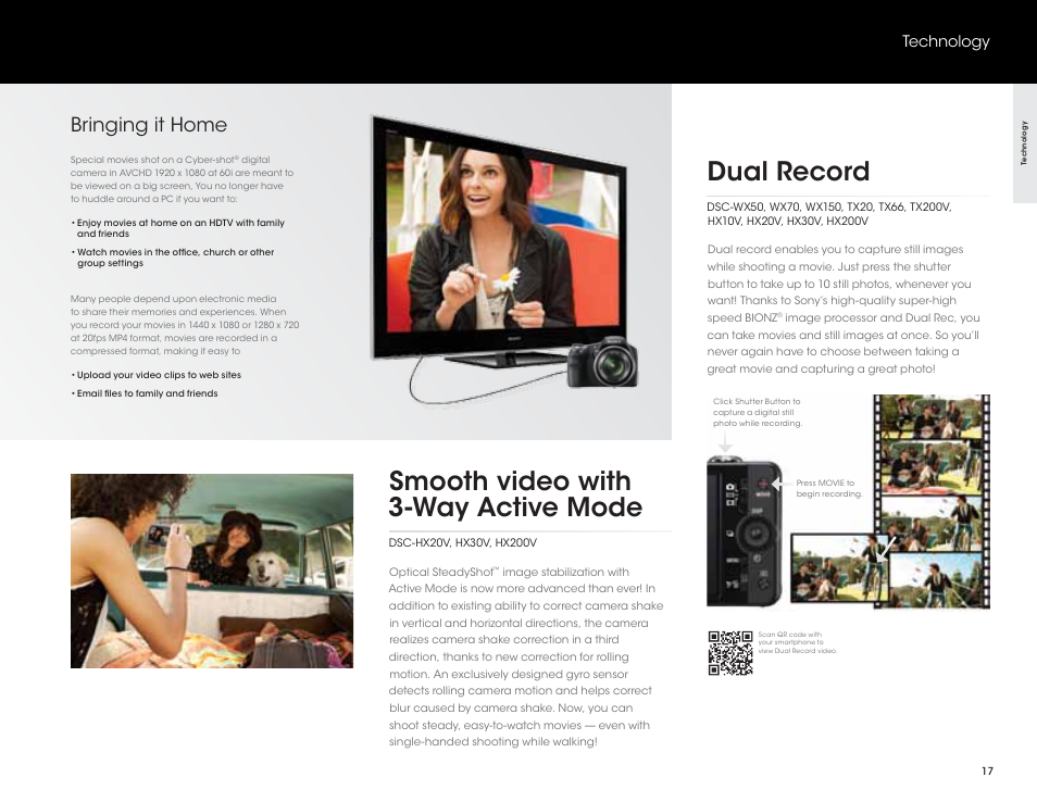 Dual record, Smooth video with 3-way active mode, Bringing it home | Technology | Sony DSC-HX200V User Manual | Page 17 / 73