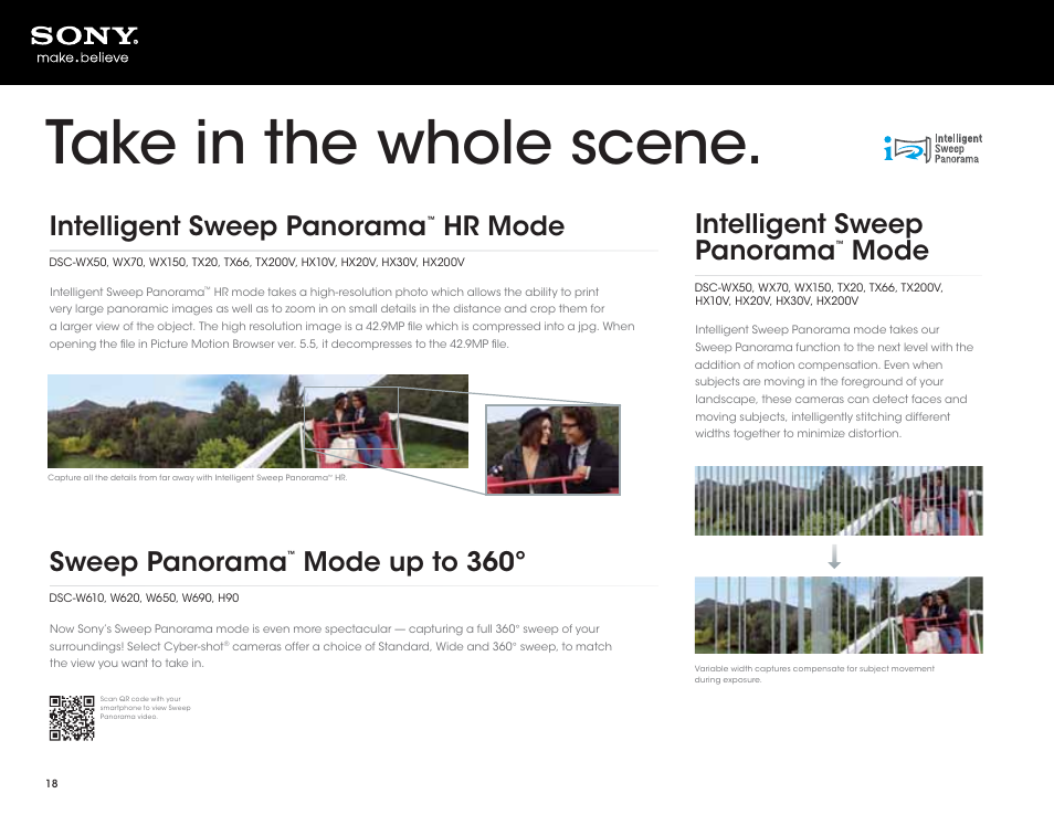 Take in the whole scene, Intelligent sweep panorama, Hr mode | Mode, Sweep panorama, Mode up to 360º | Sony DSC-HX200V User Manual | Page 18 / 73