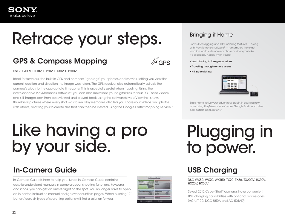 Retrace your steps. plugging in to power, Like having a pro by your side, Usb charging | Gps & compass mapping, In-camera guide | Sony DSC-HX200V User Manual | Page 22 / 73