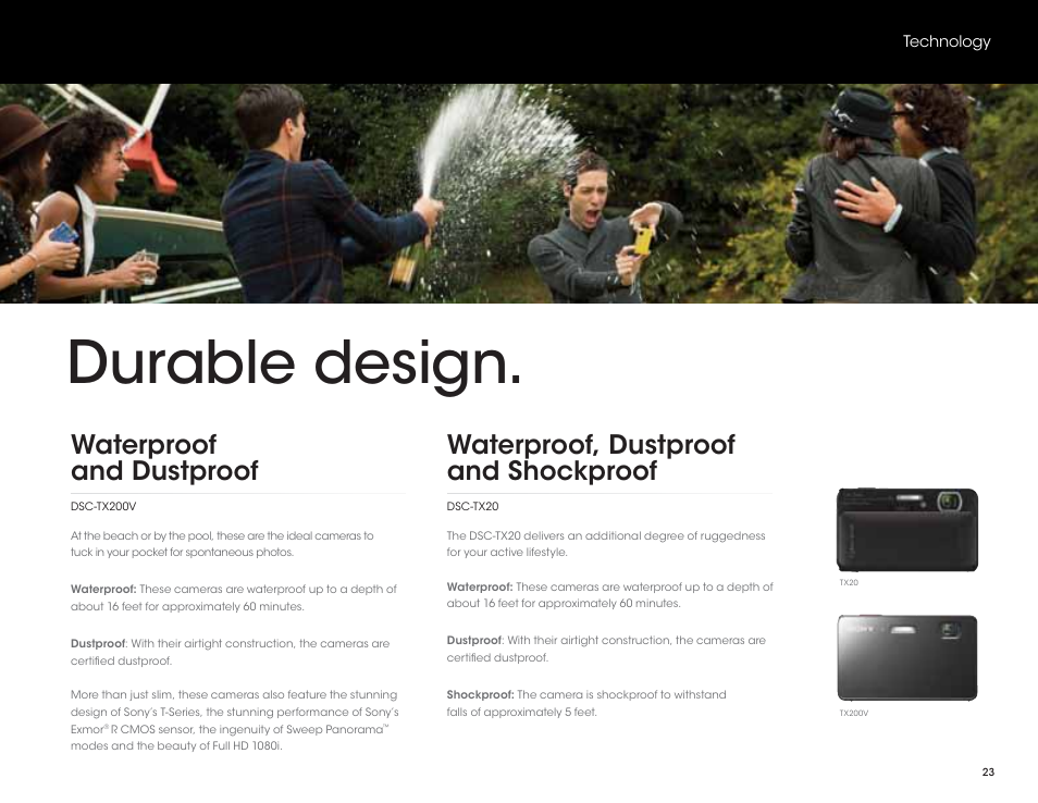 Durable design, Waterproof and dustproof, Waterproof, dustproof and shockproof | Sony DSC-HX200V User Manual | Page 23 / 73