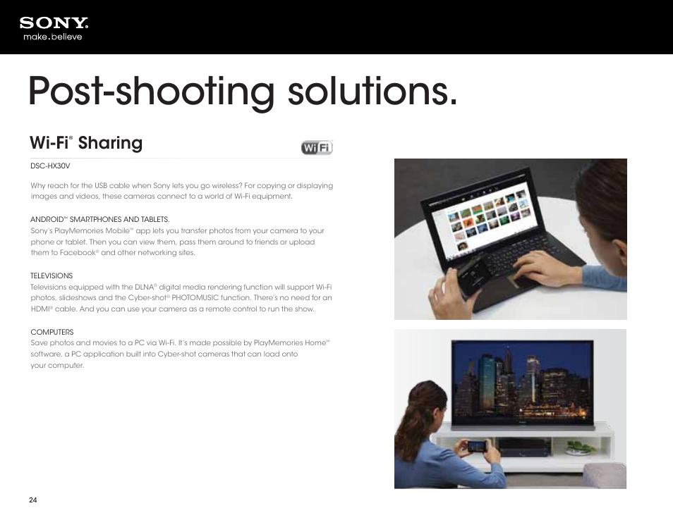 Post-shooting solutions, Wi-fi, Sharing | Sony DSC-HX200V User Manual | Page 24 / 73