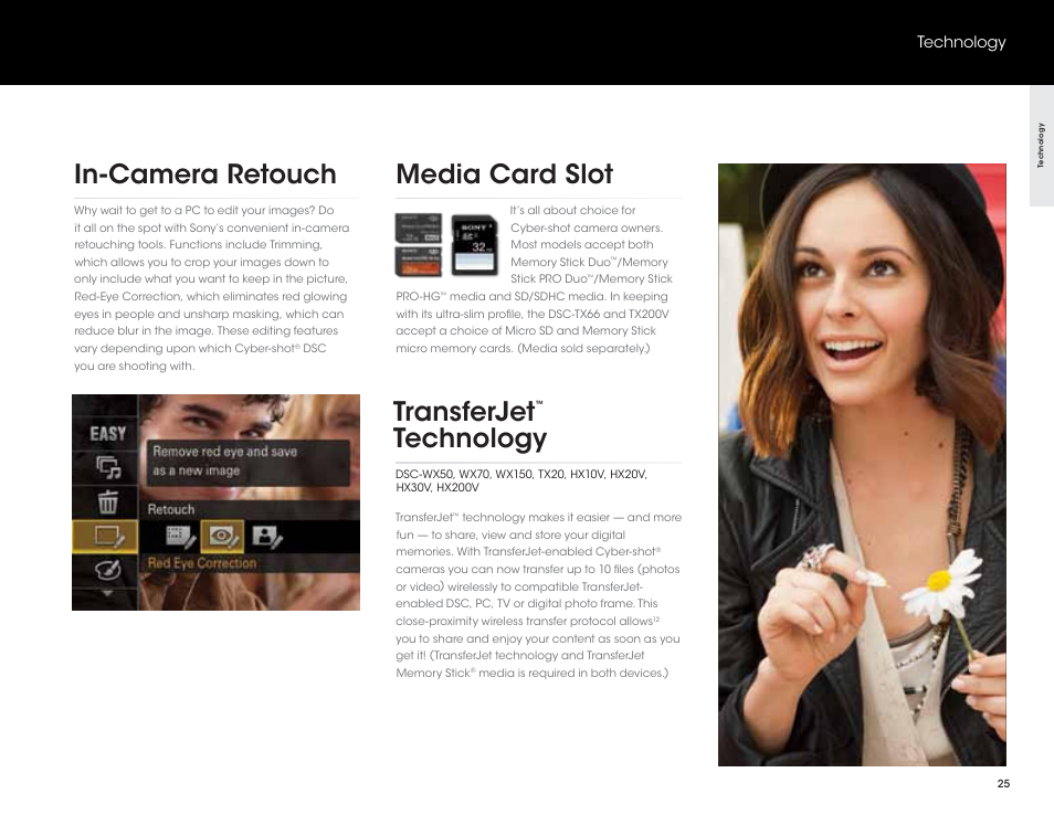 Transferjet, Technology, In-camera retouch | Media card slot | Sony DSC-HX200V User Manual | Page 25 / 73