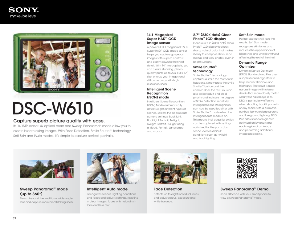 Dsc-w610, Capture superb picture quality with ease | Sony DSC-HX200V User Manual | Page 32 / 73