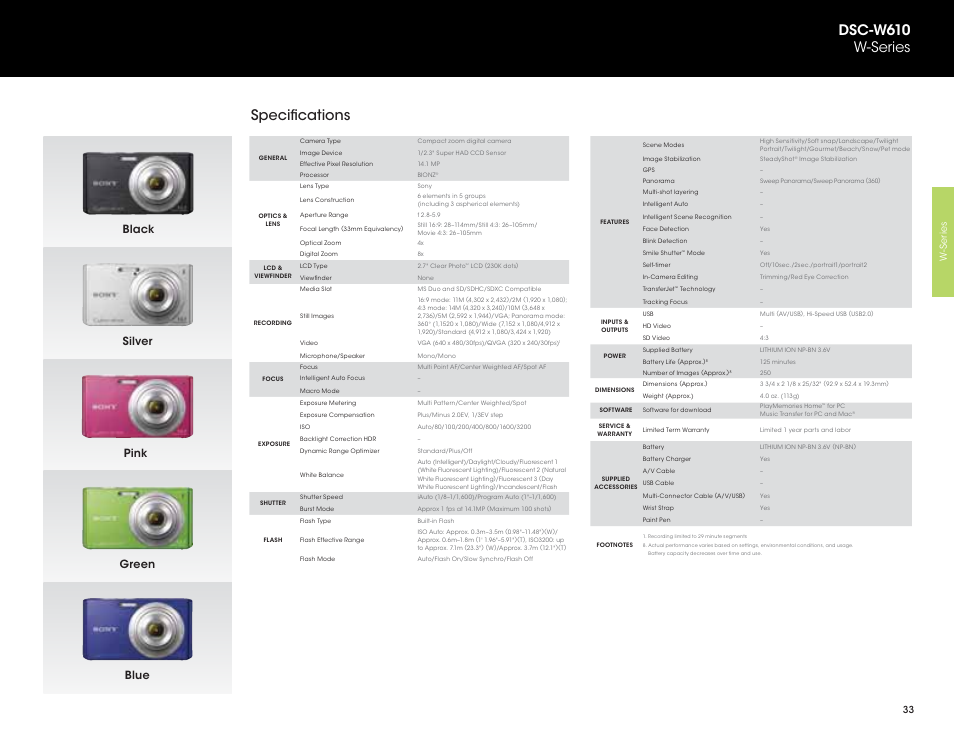 Specifications, Dsc-w610 w-series, Black pink silver green blue | Sony DSC-HX200V User Manual | Page 33 / 73