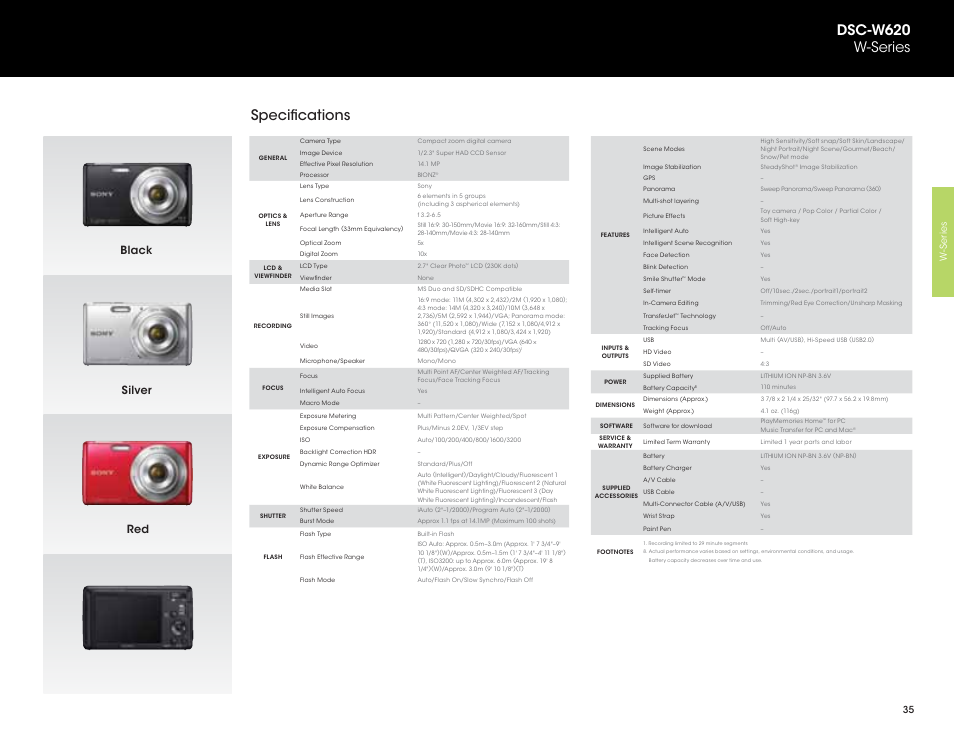 Specifications, Dsc-w620 w-series, Black red silver | Sony DSC-HX200V User Manual | Page 35 / 73