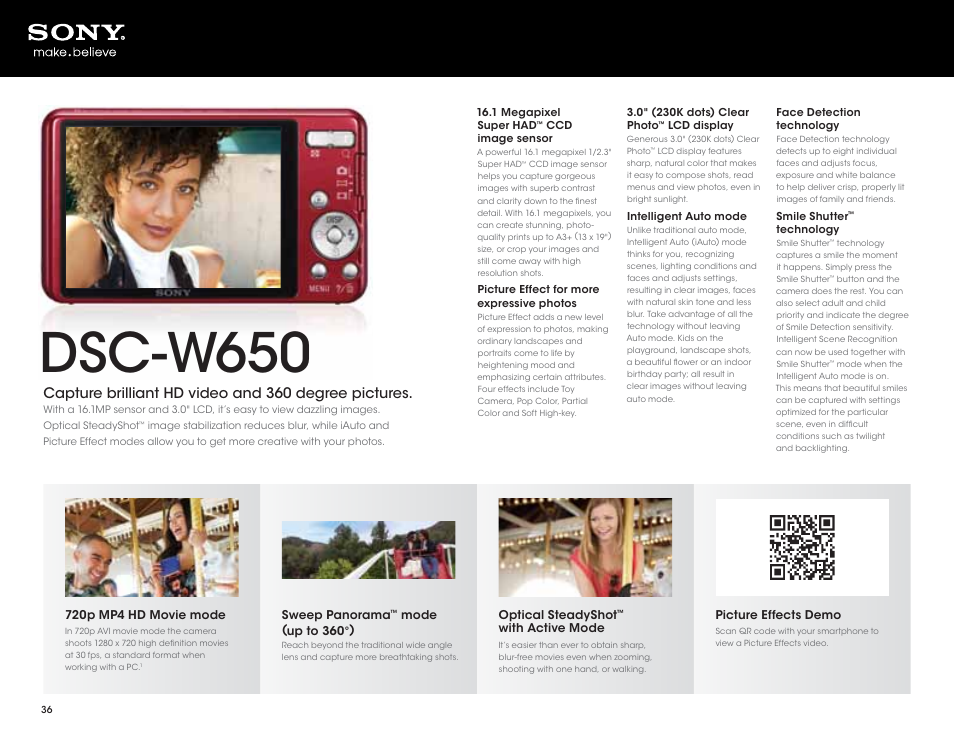 Dsc-w650, Capture brilliant hd video and 360 degree pictures | Sony DSC-HX200V User Manual | Page 36 / 73