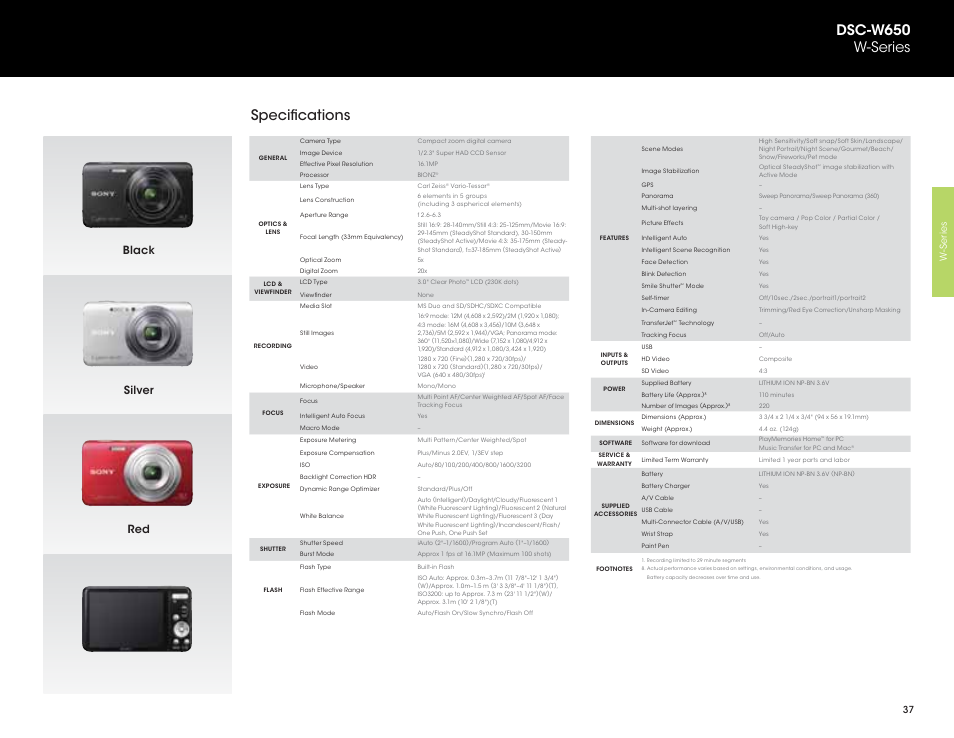 Specifications, Dsc-w650 w-series, Black red silver | Sony DSC-HX200V User Manual | Page 37 / 73