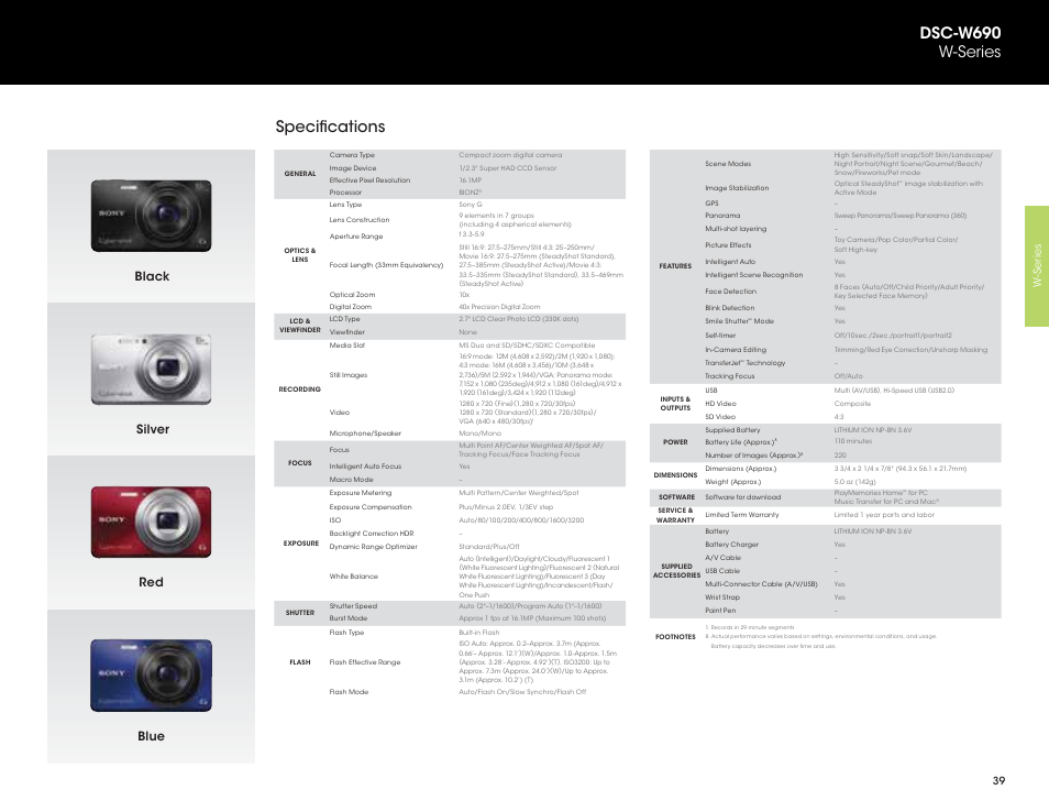 Specifications, Dsc-w690 w-series, Black red silver blue | Sony DSC-HX200V User Manual | Page 39 / 73