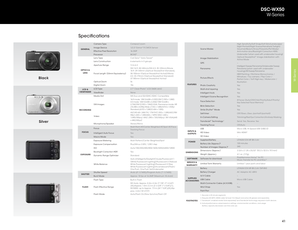 Specifications, Dsc-wx50 w-series, Black silver | Sony DSC-HX200V User Manual | Page 41 / 73