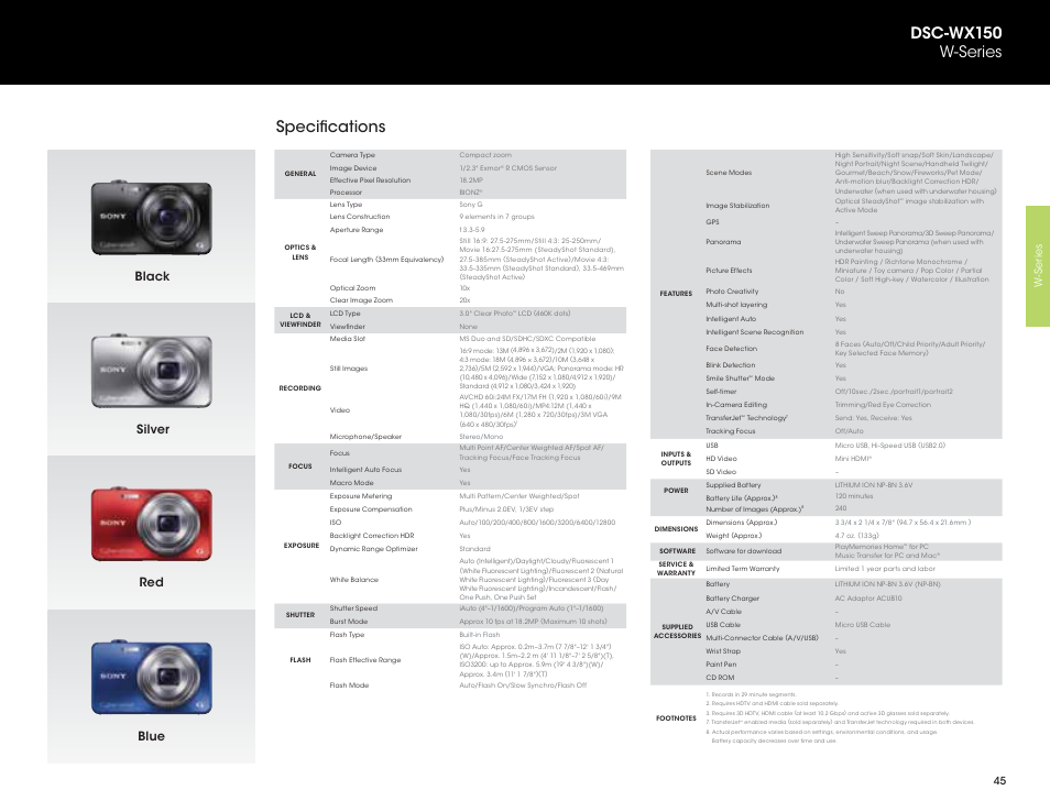Specifications, Dsc-wx150 w-series, Black red silver blue | Sony DSC-HX200V User Manual | Page 45 / 73