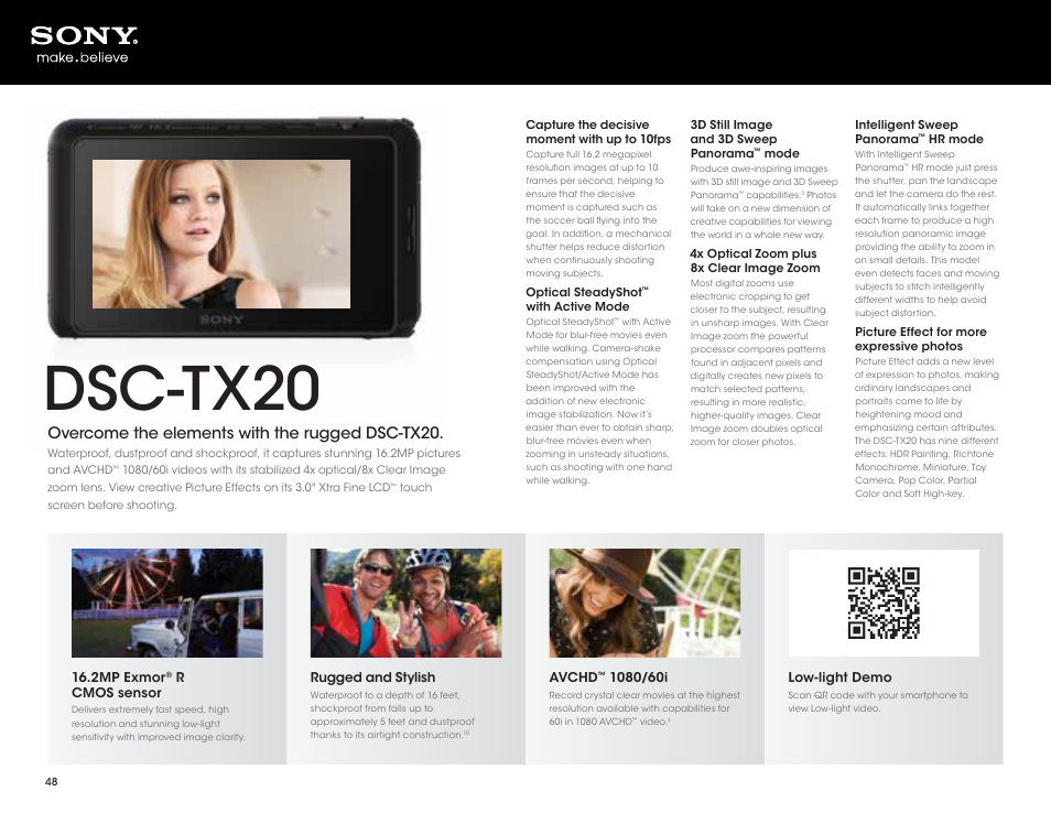 Dsc-tx20, Overcome the elements with the rugged dsc-tx20 | Sony DSC-HX200V User Manual | Page 48 / 73