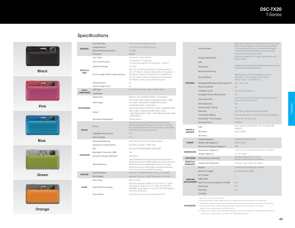 Specifications, Dsc-tx20 t-series, Black blue pink green orange | Sony DSC-HX200V User Manual | Page 49 / 73